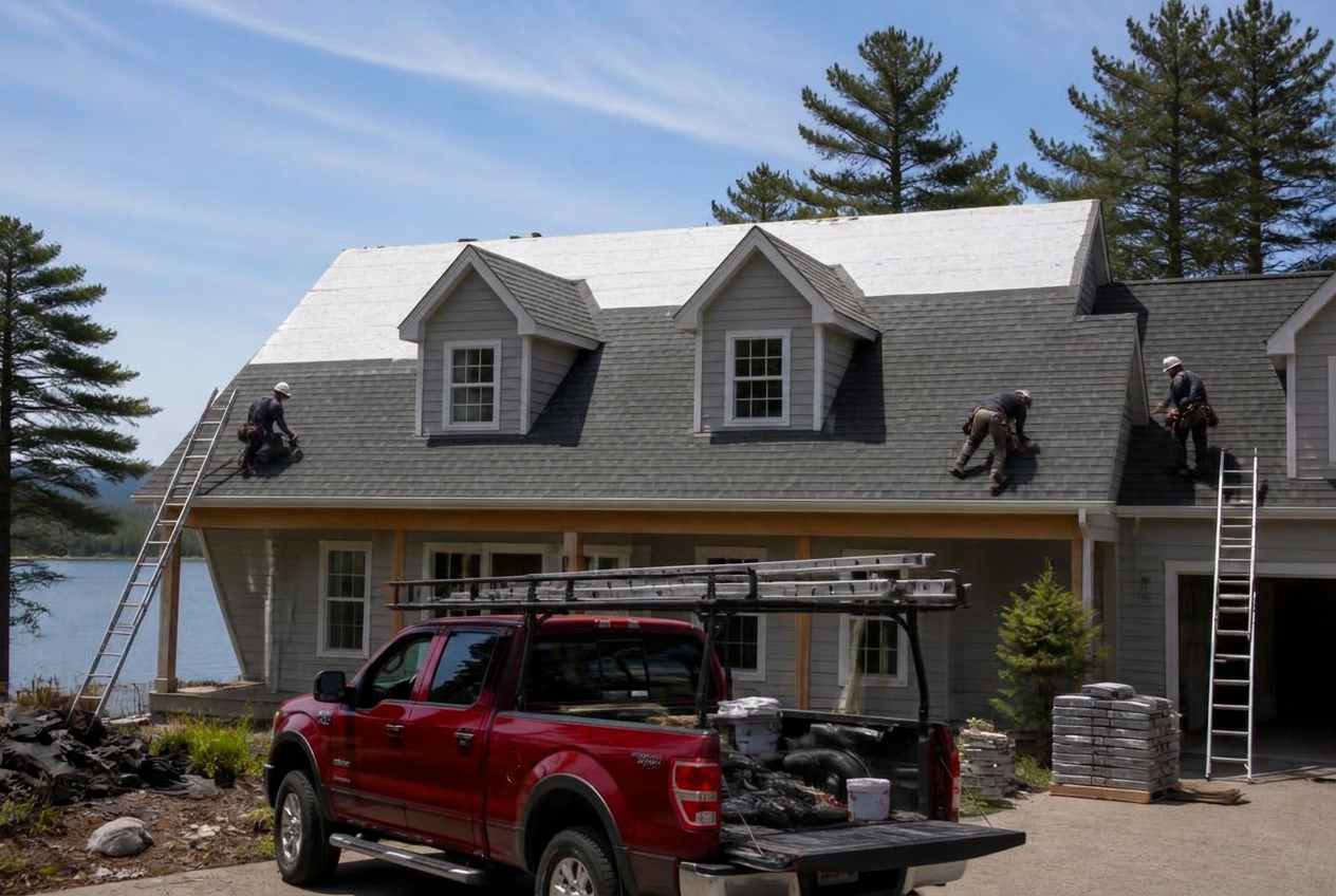 Spartan Roofing crew working on a large residential roof in Maine